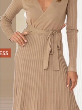 Womens tan colored Wrap Knit Dress with Tie Waist